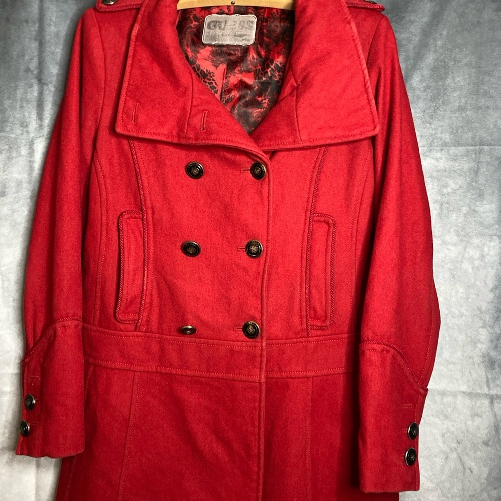 Vintage Guess Red Pea Coat Wool Blend Double Breasted Satin Lined Sz L Acadamia